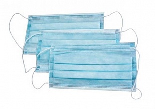 Маска трехслойная медицинская на резинке с фиксатором, голубая (100 шт в п/э упаковке) фото